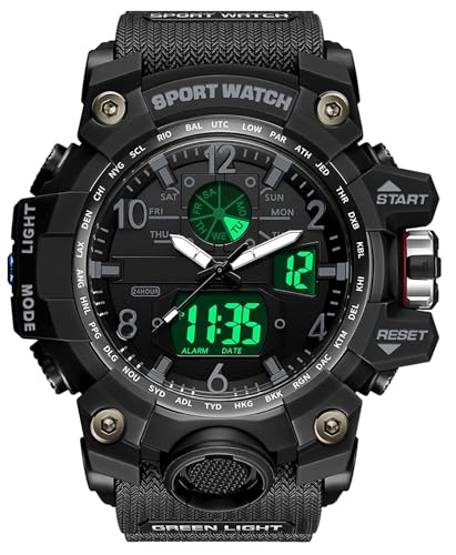 腕時計 メンズ デジタル 時計 スポーツ ストップウォッチ 水対応 ファション ミリタリースタイル ランニングウォッチ デュアルタイム 両地時間表示 アラーム 目ざまし時計 夜光 50メートル防水 防塵防振 ブラック 日本語説明書付き 2024